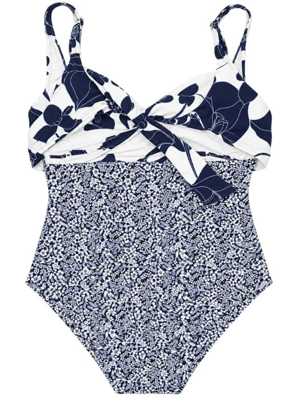 Lands End Wrap Monokini High Leg One Piece Swimsuit NWT Deep Sea Navy Lillies 6P